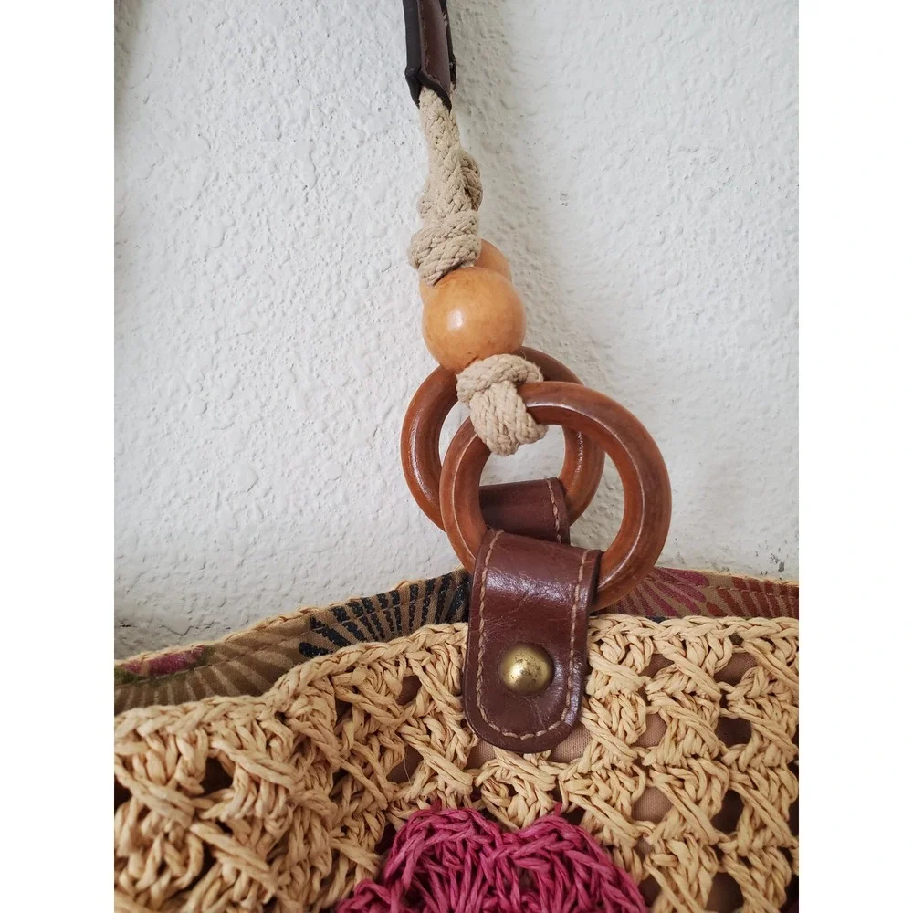 Fossil Straw Crochet Tote Shoulder‎ Bag Pink Beige Wood Beaded Boho Vacation